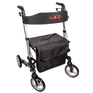 Lightweight aluminium travel rollator - foldable with seat & bag, silver